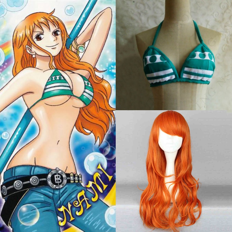 Japanese anime Nami cosplay Two Years Later costumes tops Game Nami 2 Years Later Orange Long Curly Wig Free Shipping