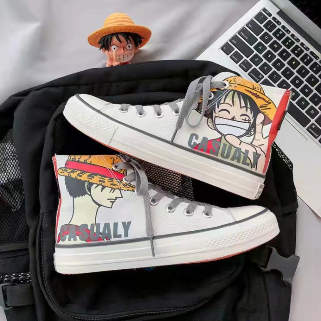Anime ONE PIECE Monkey D Luffy Canvas Shoes For Unisex Black And White High Top Canvas 3 - One Piece Store