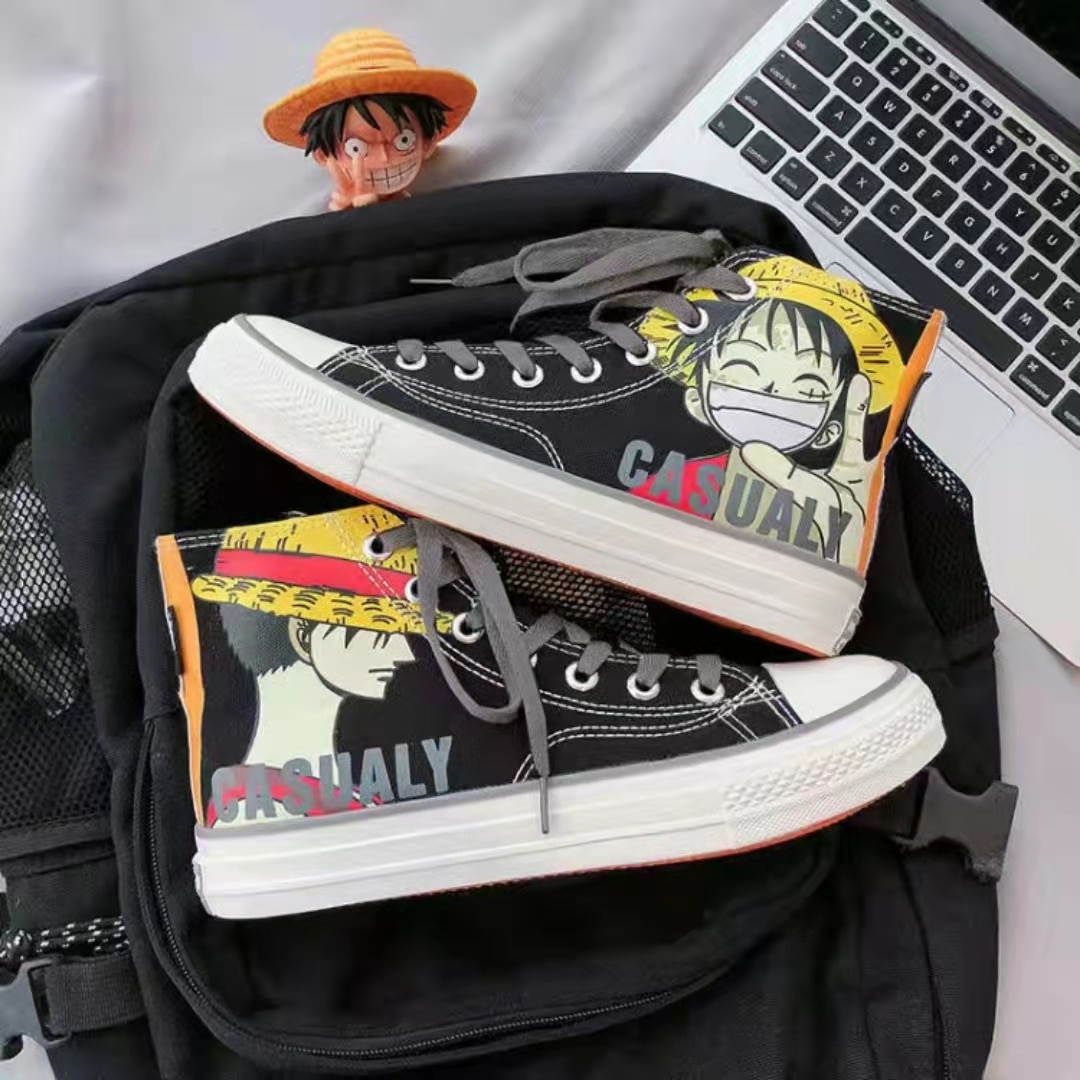 Anime ONE PIECE Monkey D Luffy Canvas Shoes For Unisex Black And White High Top Canvas 4 - One Piece Store