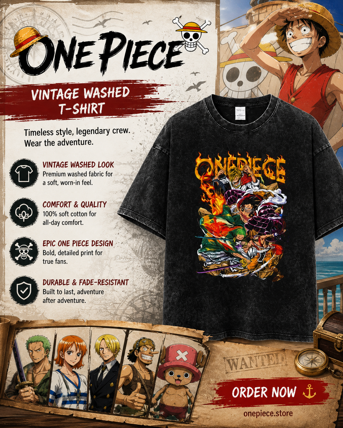 One Piece Vintage Washed T-Shirt Set sail in style with this One Piece Vintage Washed T-Shirt, blending iconic anime visuals with a trendy retro streetwear look.